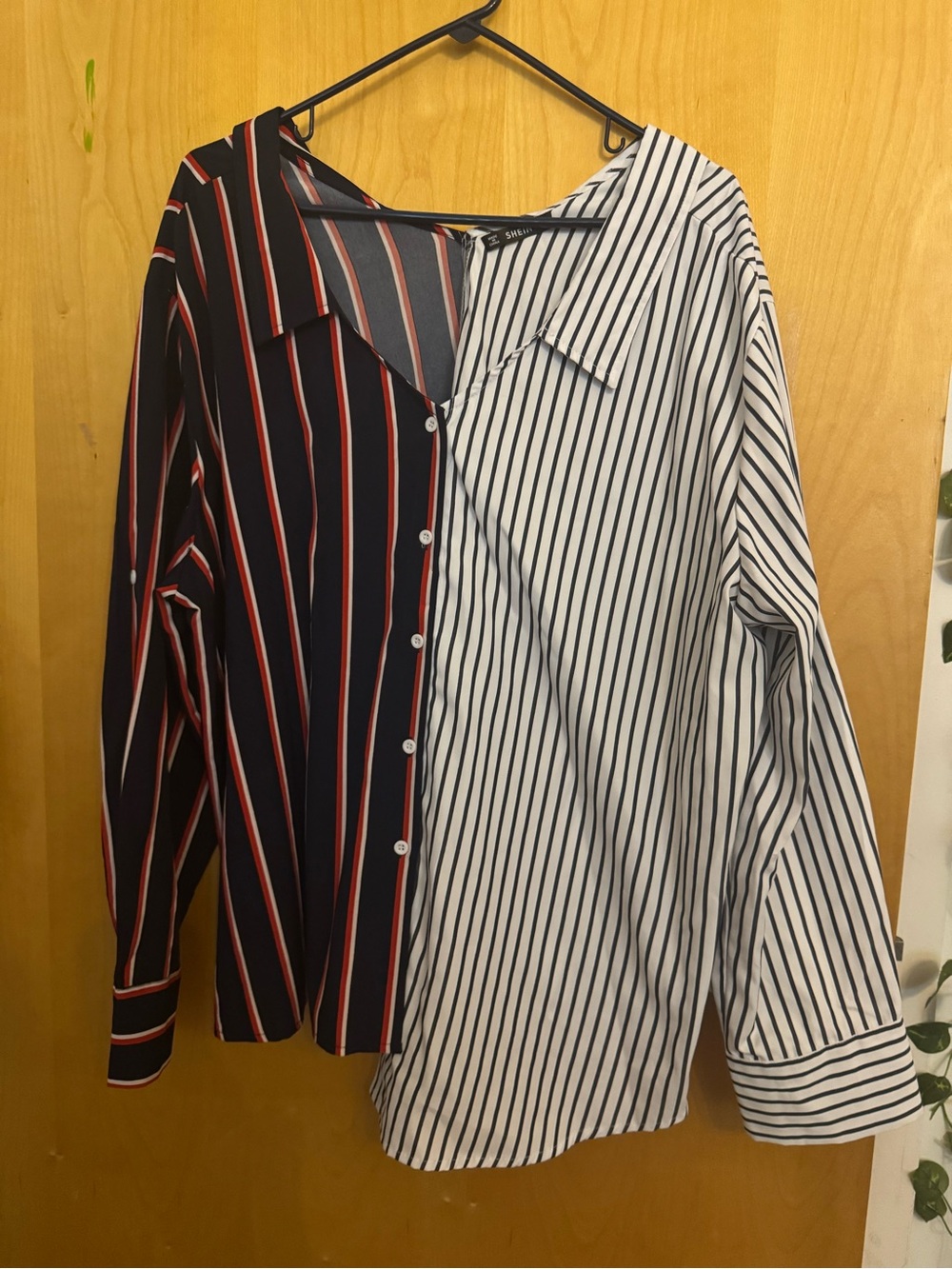 SHEIN 2XL Color Block Striped Button Up Shirt Two Tone Navy Red White Oversized